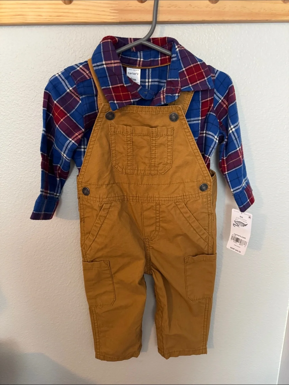 Carter's Mustard Overalls with Blue & Red Plaid Shirt Set